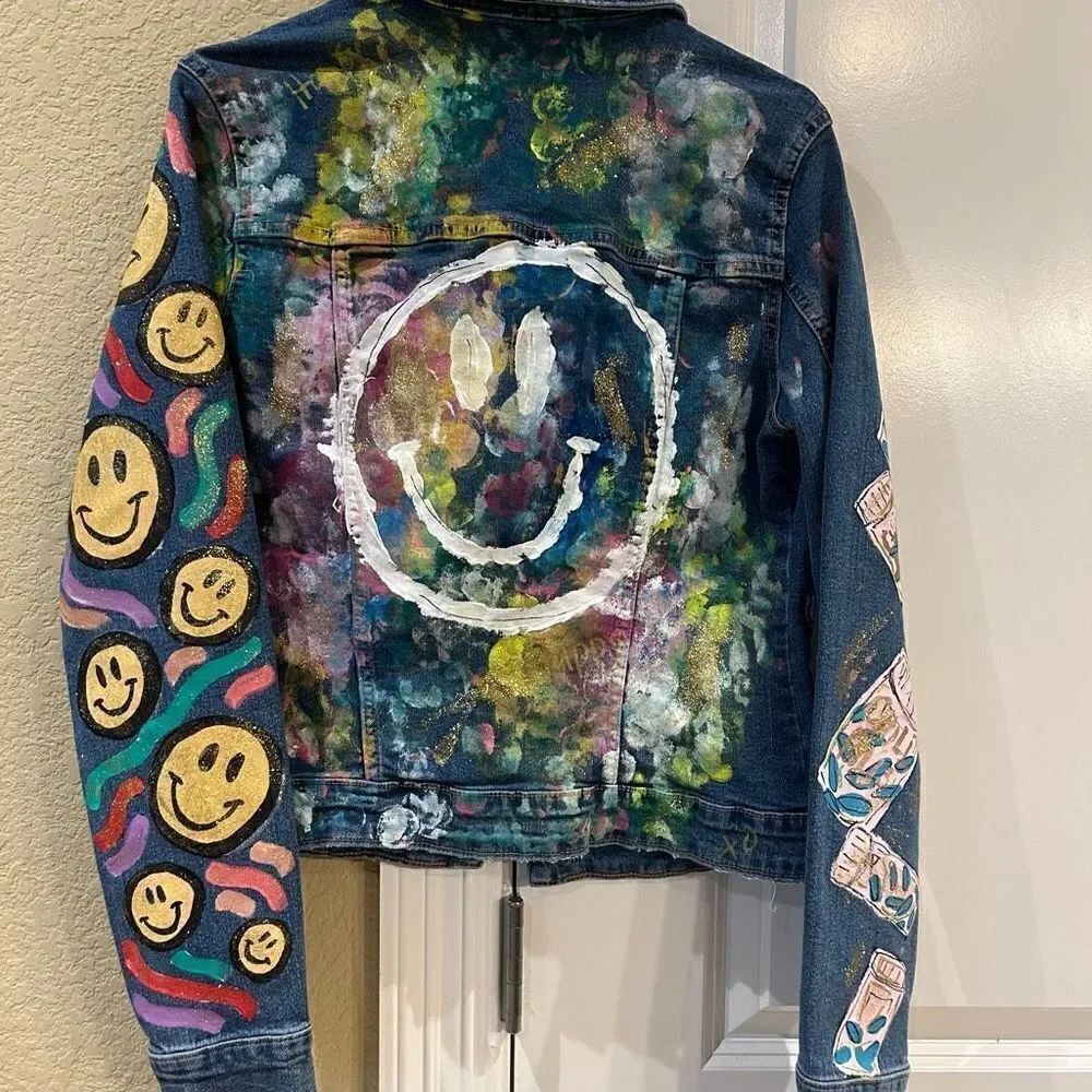 Denim Bershka medium hand painted women’s jacket NWT‎